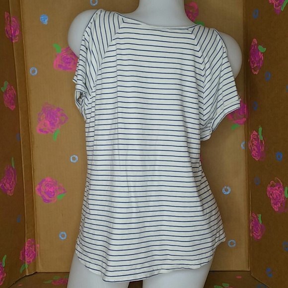 Guess Jeans Blue & White Cold Shoulder T Shirt M - Picture 3 of 10